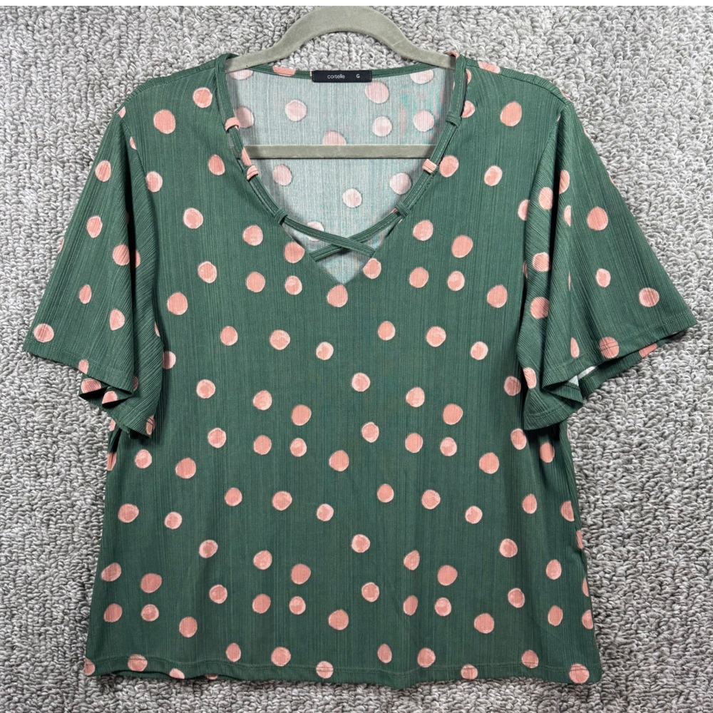 Cortelle Blouse Top Green Pink Polka Dot Crisscross V-Neck Short Sleeve Womens L